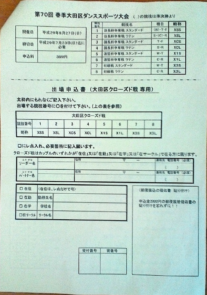 大田区ダンススポーツ大会の出場申込書です。